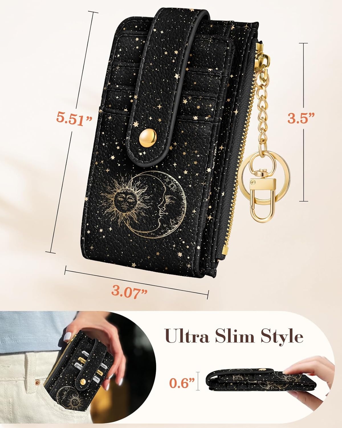 image:imageMiss Adola Cute Card Wallet Women with AirTag Holder Sun Moon Genuine Leather Small Wallets with Keychain RFID Credit Cardholder Air Tag Aesthetic Coin Purse for Female Ladies Teen GirlsSun Moon
