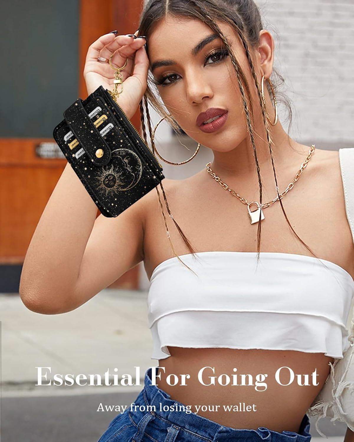 image:imageMiss Adola Cute Card Wallet Women with AirTag Holder Sun Moon Genuine Leather Small Wallets with Keychain RFID Credit Cardholder Air Tag Aesthetic Coin Purse for Female Ladies Teen GirlsSun Moon