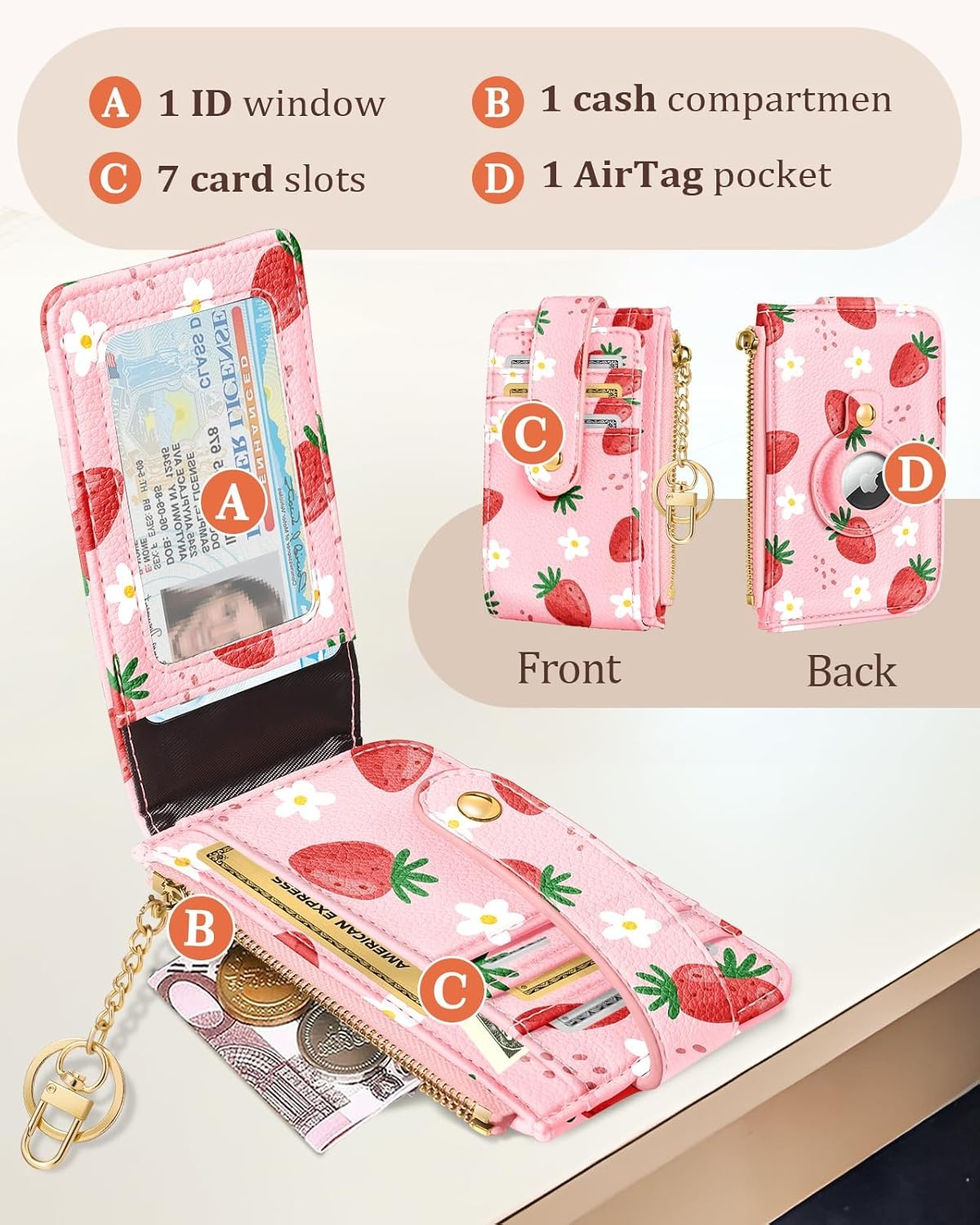 image:imageMiss Adola Cute Card Wallet Women with AirTag Holder Sun Moon Genuine Leather Small Wallets with Keychain RFID Credit Cardholder Air Tag Aesthetic Coin Purse for Female Ladies Teen GirlsStrawberry