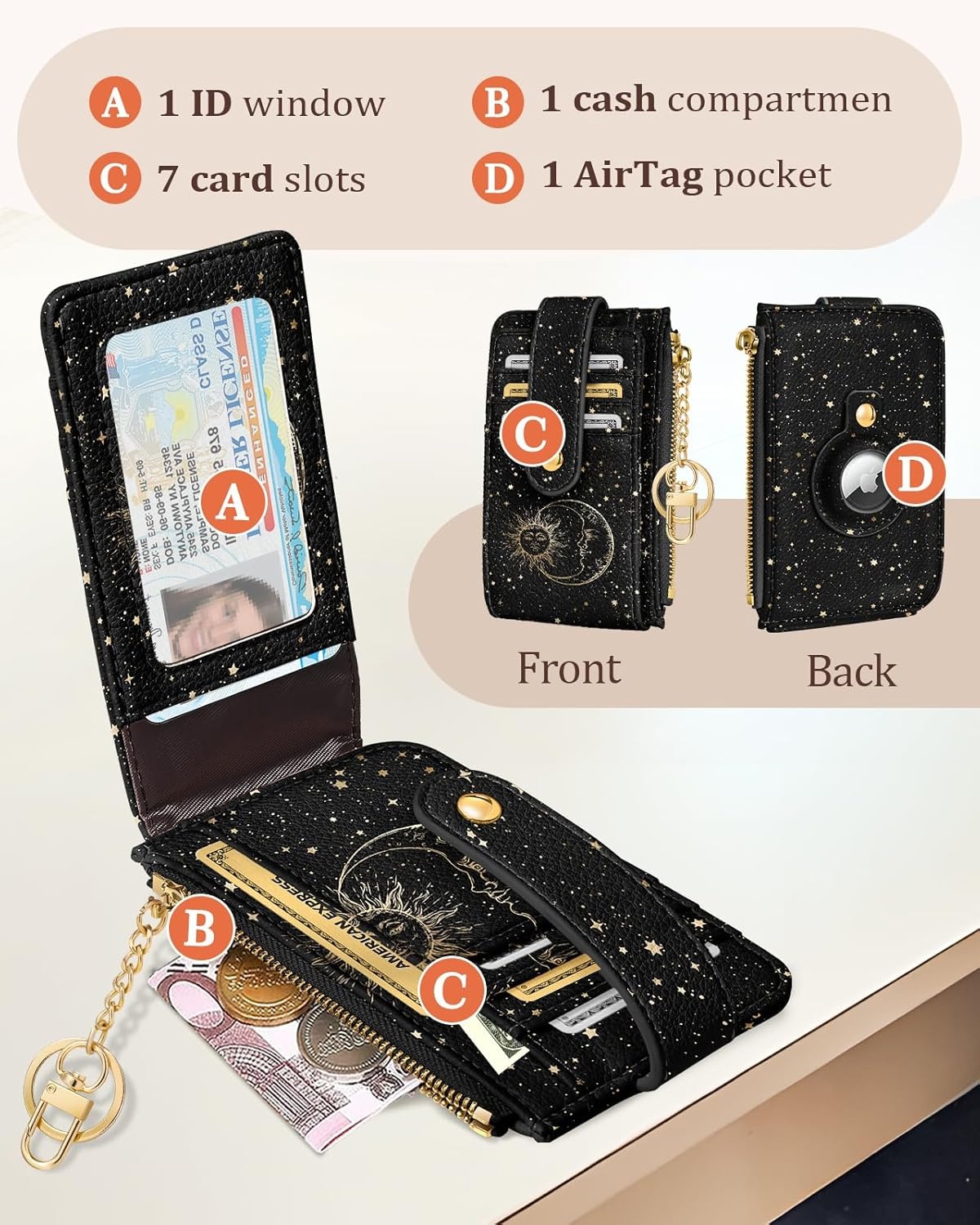 image:imageMiss Adola Cute Card Wallet Women with AirTag Holder Sun Moon Genuine Leather Small Wallets with Keychain RFID Credit Cardholder Air Tag Aesthetic Coin Purse for Female Ladies Teen GirlsSun Moon