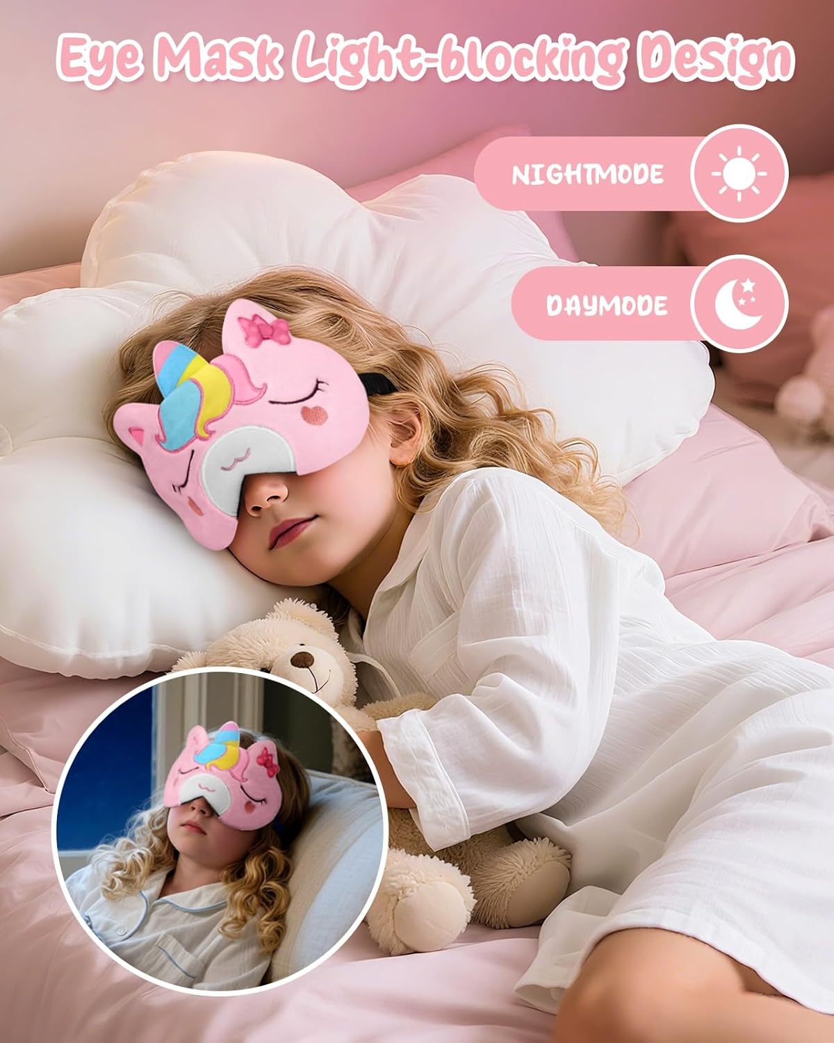 image:imageMiss Adola Sleep Mask for Kids Cute Cartoon Plush Fuffy Sleeping Eye Cover Dinosaur Kawaii Soft Eyeshade with Adjustable Strap Animal Eye Blindfold for Kids Girls Boys TeensBow Tie Unicorn