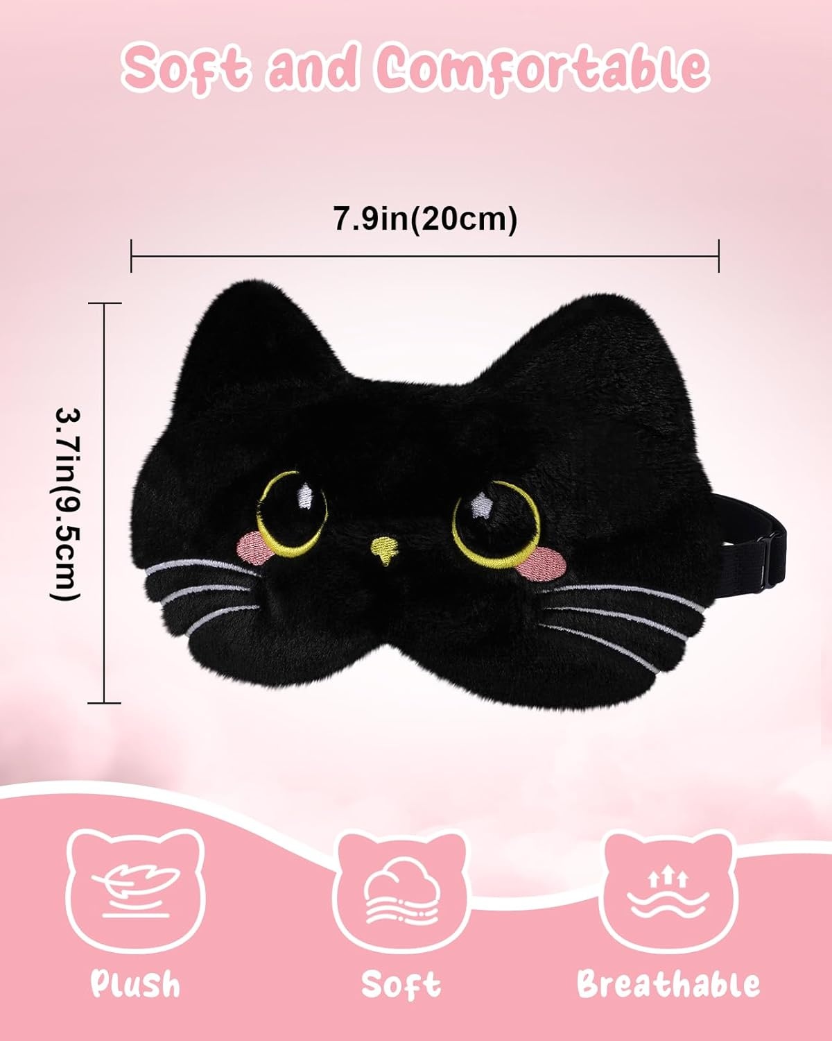 image:imageMiss Adola Sleep Mask for Kids Cute Cartoon Plush Fuffy Sleeping Eye Cover Dinosaur Kawaii Soft Eyeshade with Adjustable Strap Animal Eye Blindfold for Kids Girls Boys TeensBlack Cat