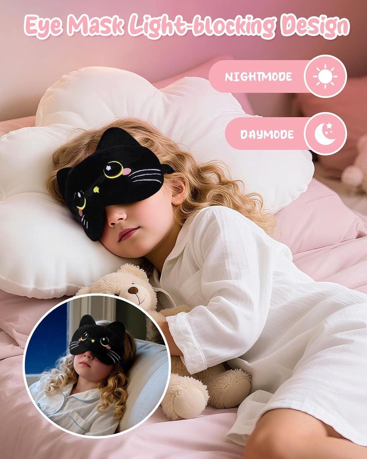 image:imageMiss Adola Sleep Mask for Kids Cute Cartoon Plush Fuffy Sleeping Eye Cover Dinosaur Kawaii Soft Eyeshade with Adjustable Strap Animal Eye Blindfold for Kids Girls Boys TeensBlack Cat