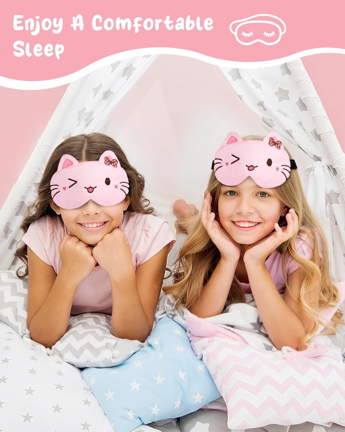 image:imageMiss Adola Sleep Mask for Kids Cute Cartoon Plush Fuffy Sleeping Eye Cover Dinosaur Kawaii Soft Eyeshade with Adjustable Strap Animal Eye Blindfold for Kids Girls Boys TeensPink Cat