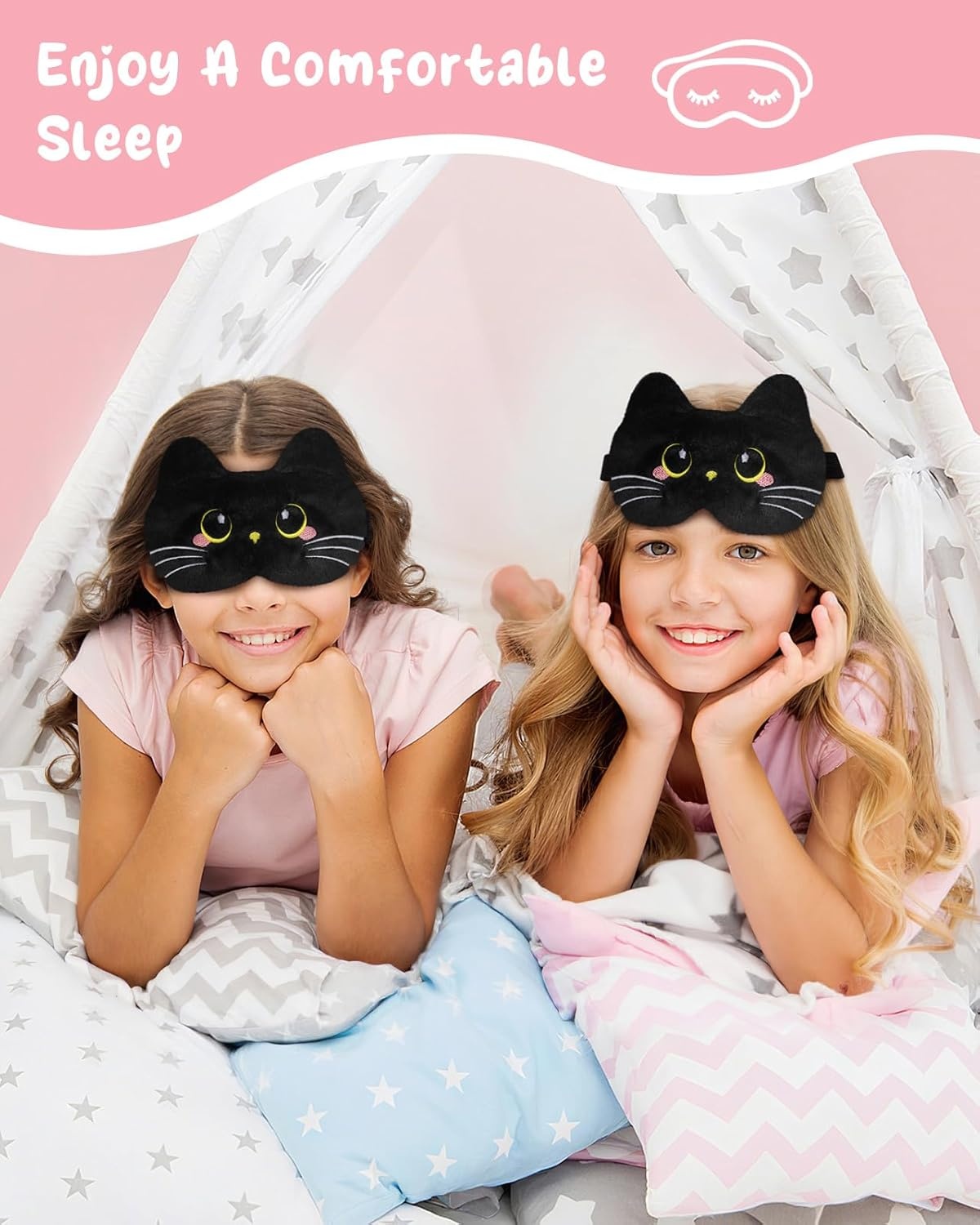 image:imageMiss Adola Sleep Mask for Kids Cute Cartoon Plush Fuffy Sleeping Eye Cover Dinosaur Kawaii Soft Eyeshade with Adjustable Strap Animal Eye Blindfold for Kids Girls Boys TeensBlack Cat