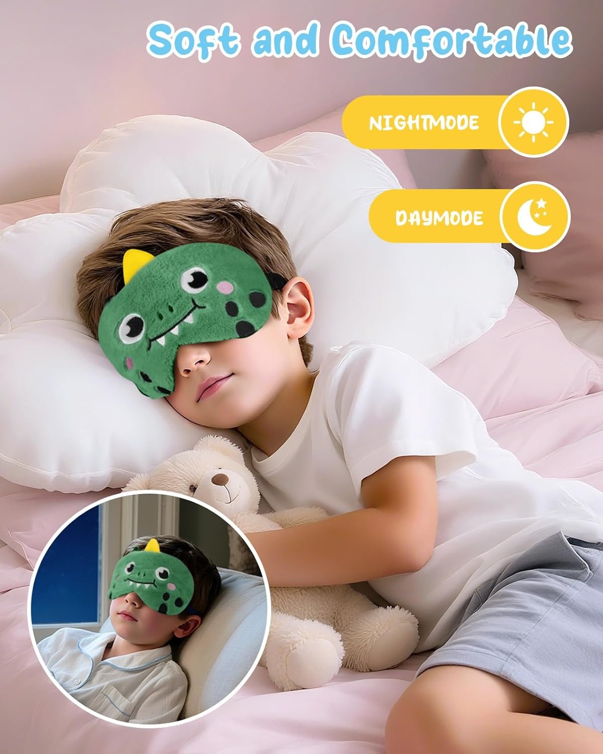 image:imageMiss Adola Sleep Mask for Kids Cute Cartoon Plush Fuffy Sleeping Eye Cover Dinosaur Kawaii Soft Eyeshade with Adjustable Strap Animal Eye Blindfold for Kids Girls Boys TeensGreen Dinosaur