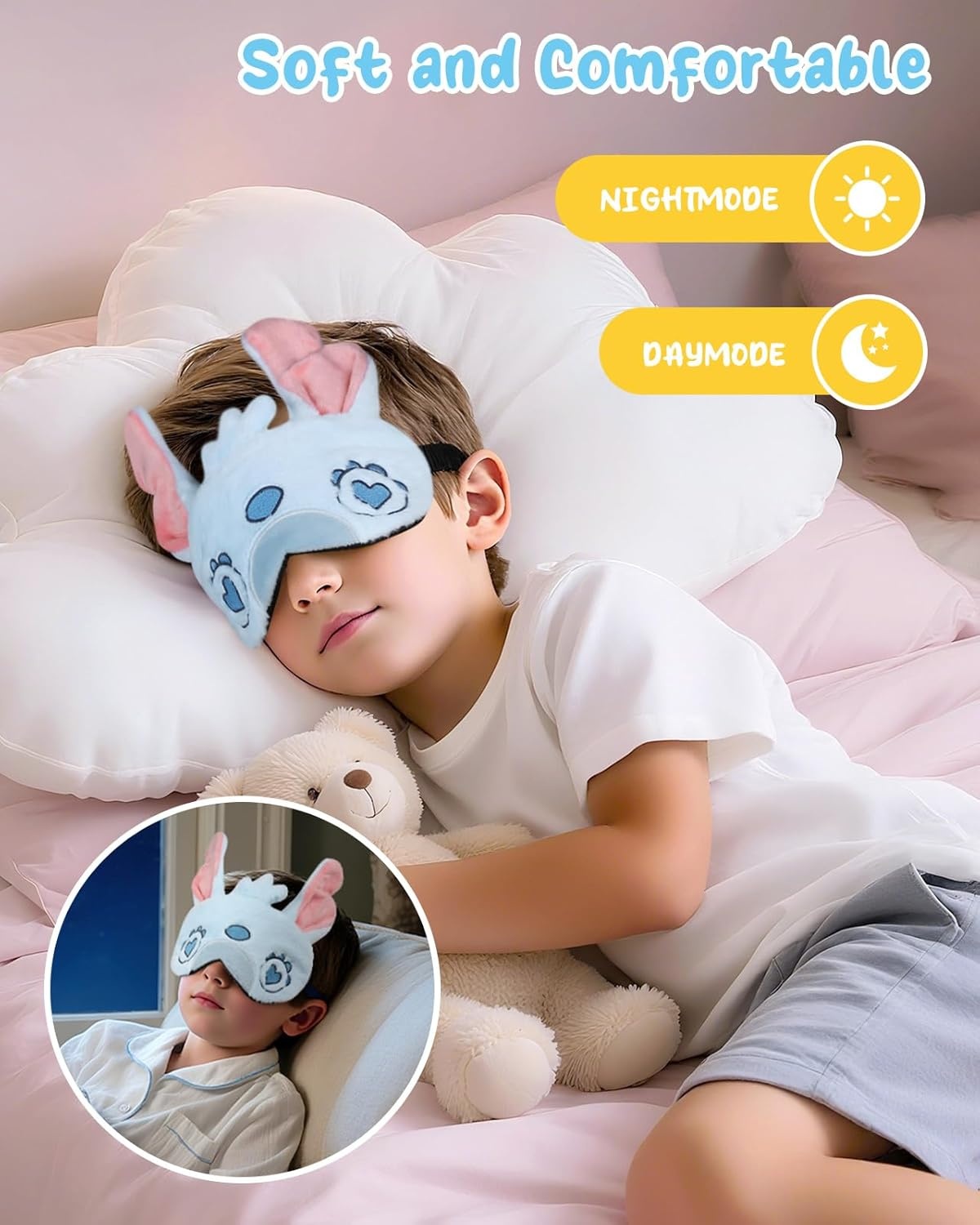 image:imageMiss Adola Sleep Mask for Kids Cute Cartoon Plush Fuffy Sleeping Eye Cover Dinosaur Kawaii Soft Eyeshade with Adjustable Strap Animal Eye Blindfold for Kids Girls Boys TeensBlue Eyes
