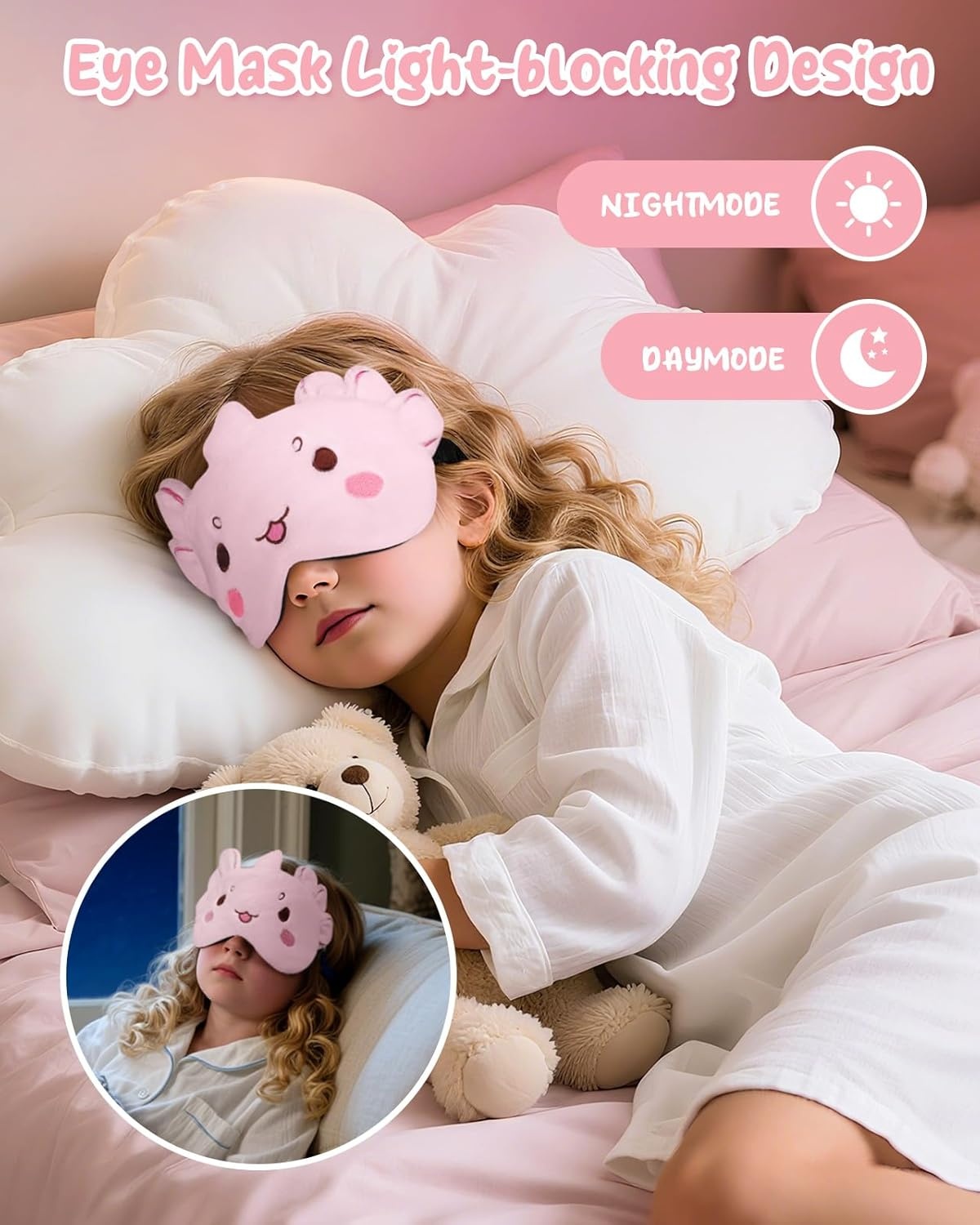 image:imageMiss Adola Sleep Mask for Kids Cute Cartoon Plush Fuffy Sleeping Eye Cover Dinosaur Kawaii Soft Eyeshade with Adjustable Strap Animal Eye Blindfold for Kids Girls Boys TeensPink Dinosaur
