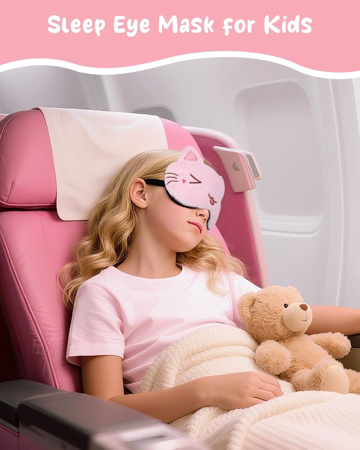 image:imageMiss Adola Sleep Mask for Kids Cute Cartoon Plush Fuffy Sleeping Eye Cover Dinosaur Kawaii Soft Eyeshade with Adjustable Strap Animal Eye Blindfold for Kids Girls Boys TeensPink Cat