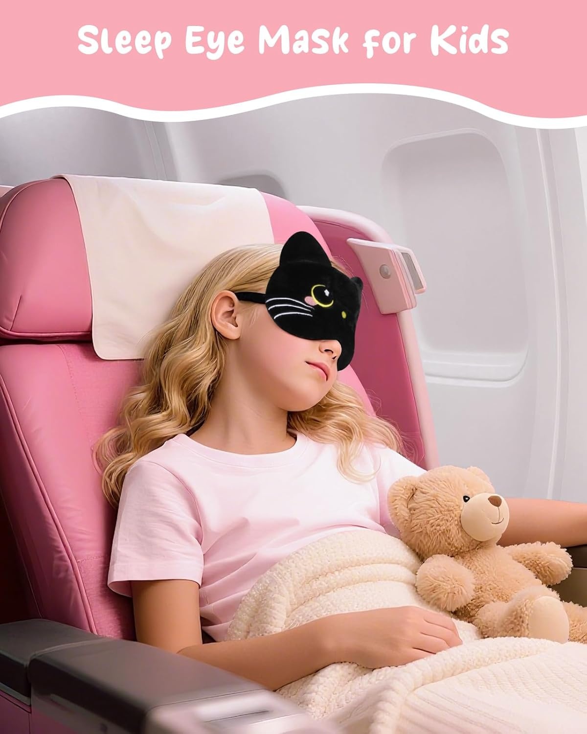 image:imageMiss Adola Sleep Mask for Kids Cute Cartoon Plush Fuffy Sleeping Eye Cover Dinosaur Kawaii Soft Eyeshade with Adjustable Strap Animal Eye Blindfold for Kids Girls Boys TeensBlack Cat