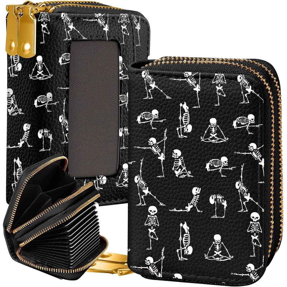 image:imageMiss Adola Credit Card Holder for Women RFID Women Wallet Leather Card Wallet for Ladies Girls Female Aesthetic Cute Wallet with Card Slots Coin Cash Zipper Purse amp ID Window Collage TextYoga Skull