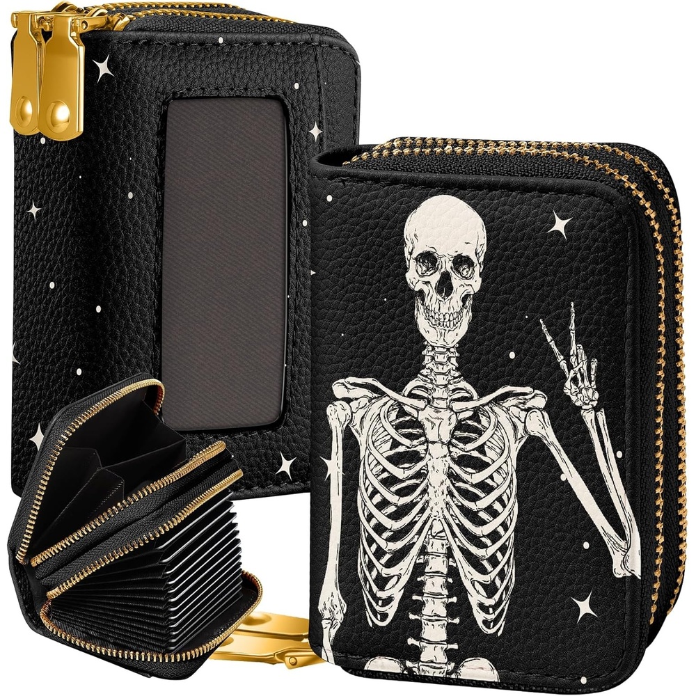 image:imageMiss Adola Credit Card Holder for Women RFID Women Wallet Leather Card Wallet for Ladies Girls Female Aesthetic Cute Wallet with Card Slots Coin Cash Zipper Purse amp ID Window Collage TextYes Skull
