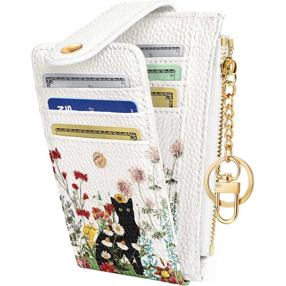 image:imageMiss Adola Cute Card Wallet Women Small Wallets with Keychain Jihe RFID Credit Cardholder Aesthetic Fashion Design Coin Purse for Female Ladies Teen GirlsFolwer Cat