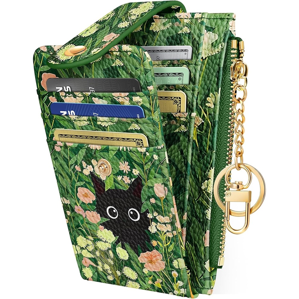 image:imageMiss Adola Cute Card Wallet Women Small Wallets with Keychain Jihe RFID Credit Cardholder Aesthetic Fashion Design Coin Purse for Female Ladies Teen GirlsGrass Cat