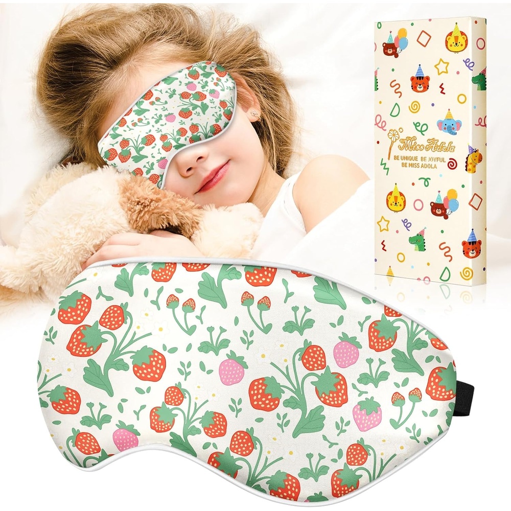 image:imageMiss Adola Kids Sleep Mask Silk Eye Mask for Kids Cute Cartoon Cool Kawaii Soft Smooth Lightweight Boys Girls Teens Sleeping Mask with Adjustable Straps Crayon DogStrawberry