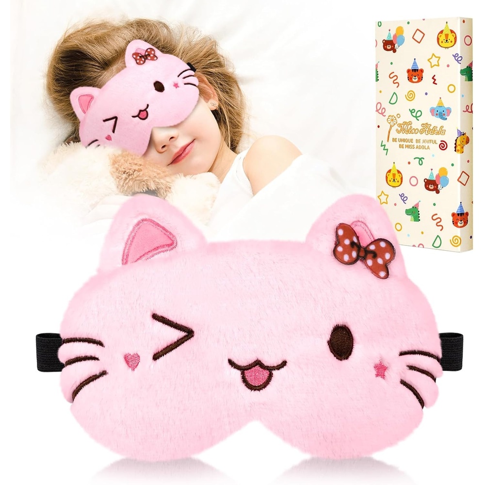 image:imageMiss Adola Sleep Mask for Kids Cute Cartoon Plush Fuffy Sleeping Eye Cover Dinosaur Kawaii Soft Eyeshade with Adjustable Strap Animal Eye Blindfold for Kids Girls Boys TeensPink Cat