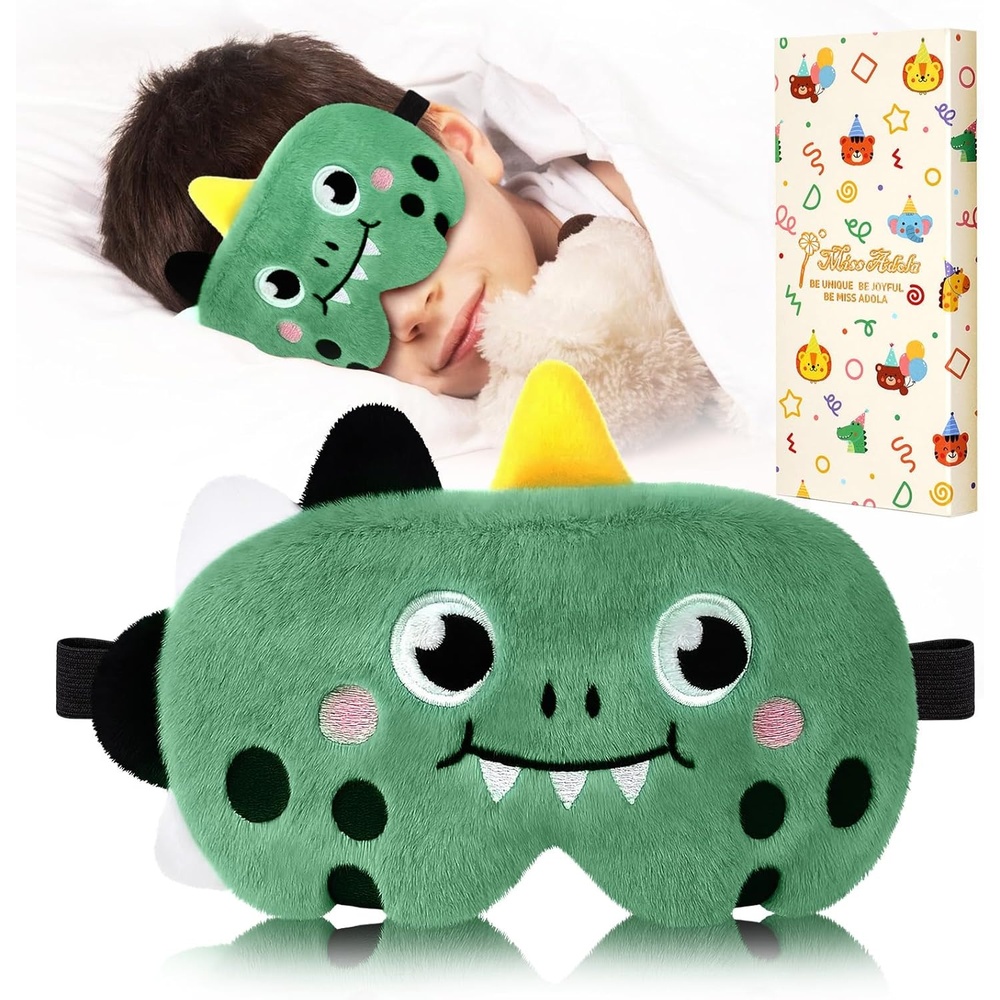 image:imageMiss Adola Sleep Mask for Kids Cute Cartoon Plush Fuffy Sleeping Eye Cover Dinosaur Kawaii Soft Eyeshade with Adjustable Strap Animal Eye Blindfold for Kids Girls Boys TeensGreen Dinosaur