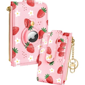 image:imageMiss Adola Cute Card Wallet Women with AirTag Holder  Sun Moon Genuine Leather Small Wallets with Keychain RFID Credit Cardholder Air Tag Aesthetic Coin Purse for Female Ladies Teen GirlsStrawberry