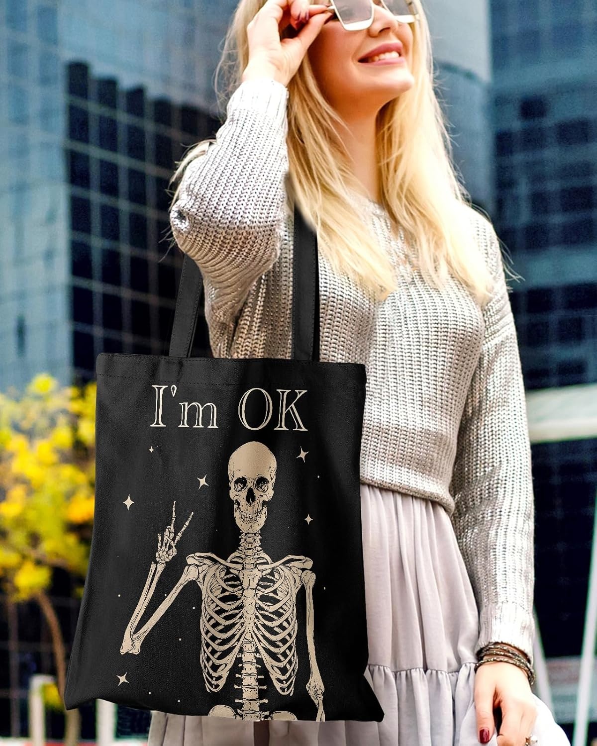 image:imageMiss Adola Aesthetic Canvas Tote Bag with Pattern for Women Stylish Funny Goth Skeleton Spooky Skull Inspired Design Casual Cloth Cotton Totes Bag for Vacation Shopping Grocery Gym