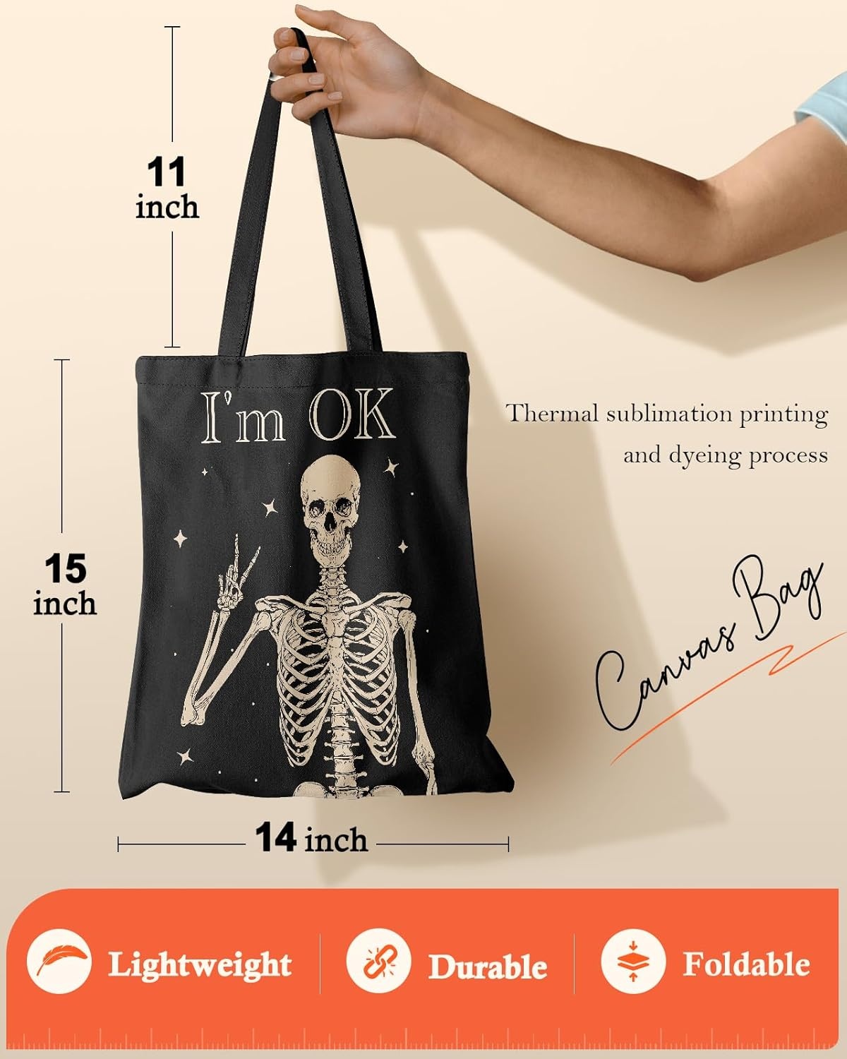 image:imageMiss Adola Aesthetic Canvas Tote Bag with Pattern for Women Stylish Funny Goth Skeleton Spooky Skull Inspired Design Casual Cloth Cotton Totes Bag for Vacation Shopping Grocery Gym