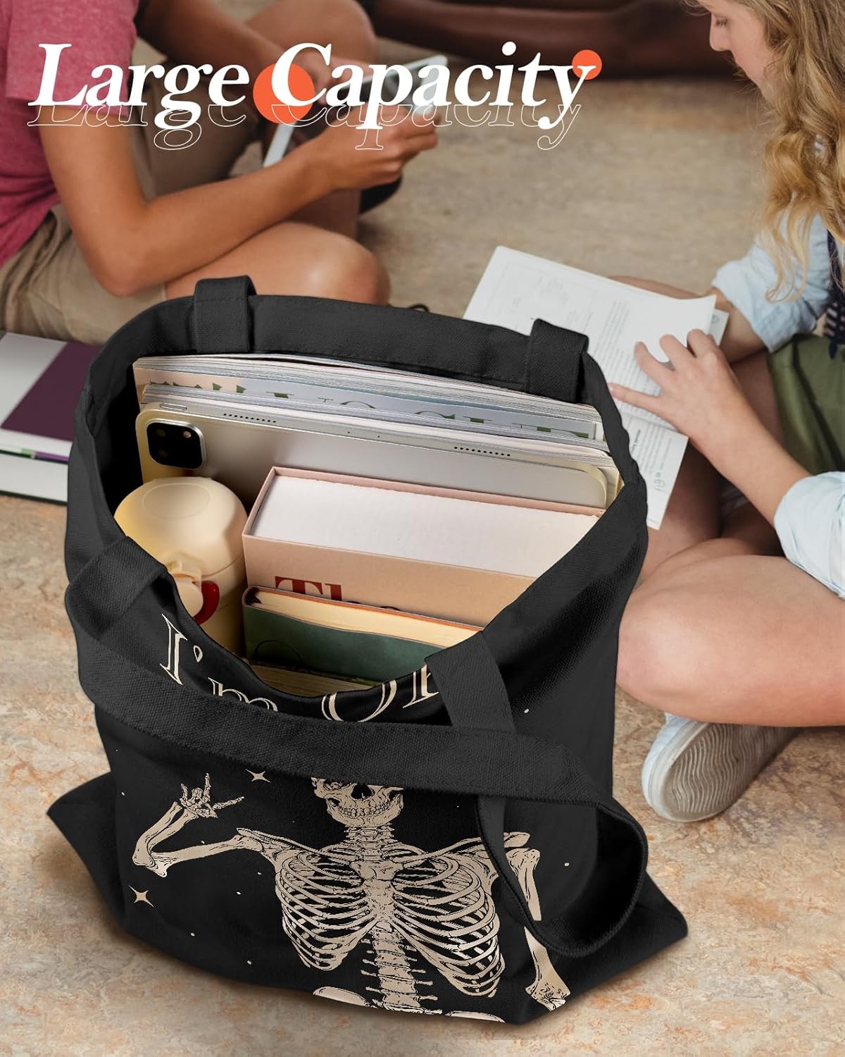 image:imageMiss Adola Aesthetic Canvas Tote Bag with Pattern for Women Stylish Funny Goth Skeleton Spooky Skull Inspired Design Casual Cloth Cotton Totes Bag for Vacation Shopping Grocery Gym