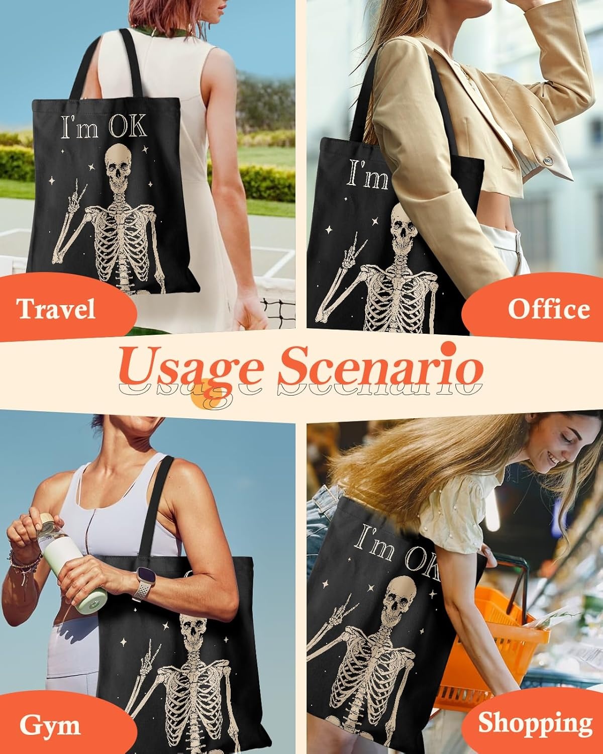 image:imageMiss Adola Aesthetic Canvas Tote Bag with Pattern for Women Stylish Funny Goth Skeleton Spooky Skull Inspired Design Casual Cloth Cotton Totes Bag for Vacation Shopping Grocery Gym