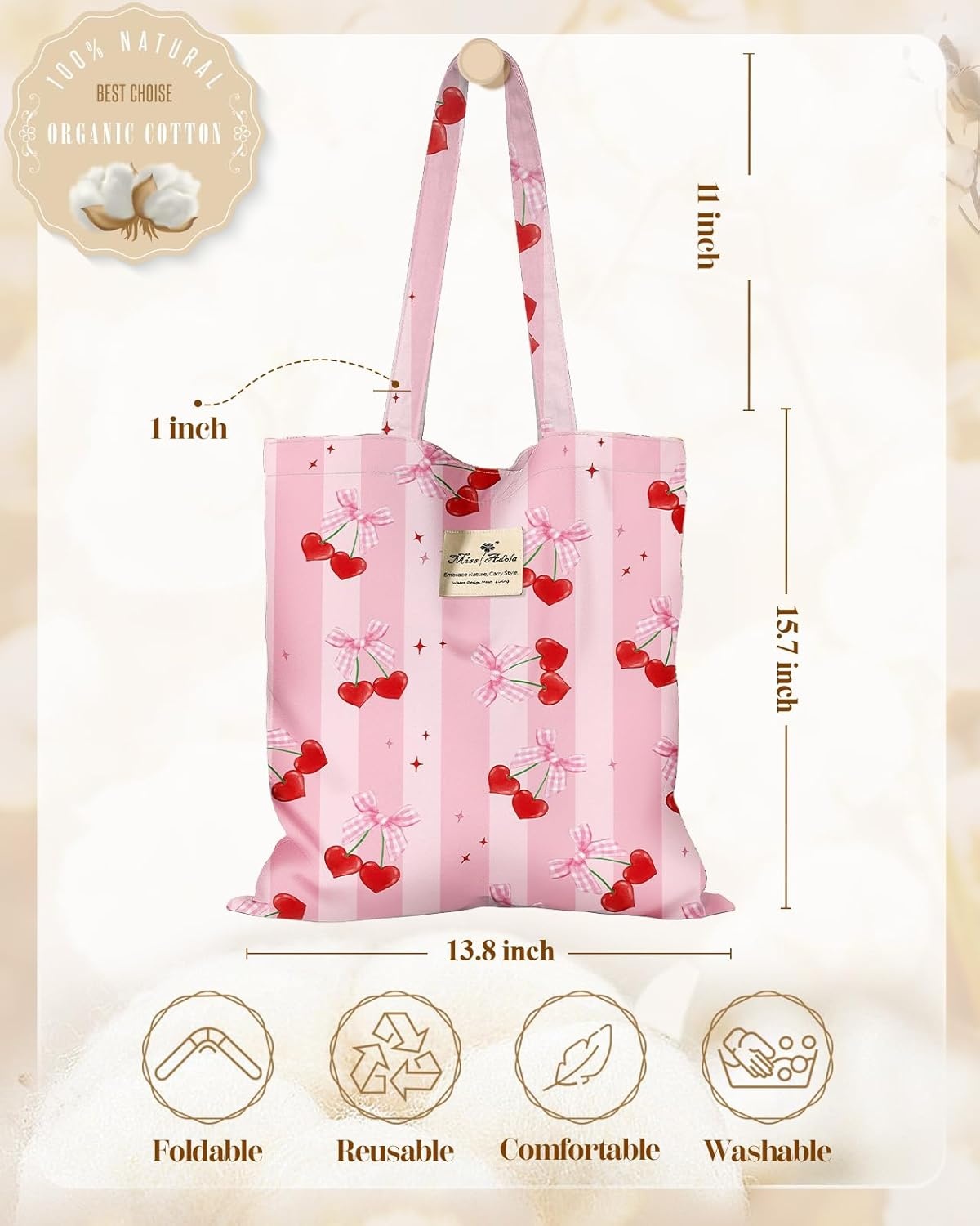 image:imageMiss Adola Cloth Tote Bag for Women Reusable Tote with Pocket amp Buckle Cute Retro Design Ladies Cotton Printed Shoulder BagCherry Bow