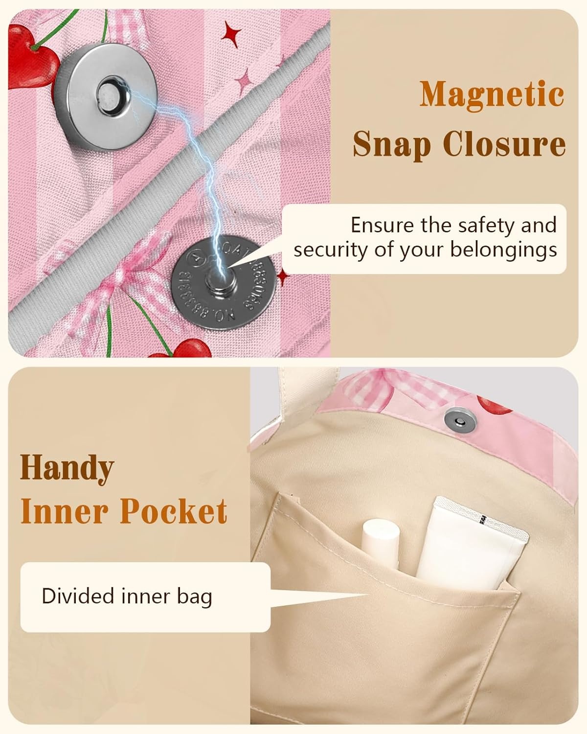 image:imageMiss Adola Cloth Tote Bag for Women Reusable Tote with Pocket amp Buckle Cute Retro Design Ladies Cotton Printed Shoulder BagCherry Bow