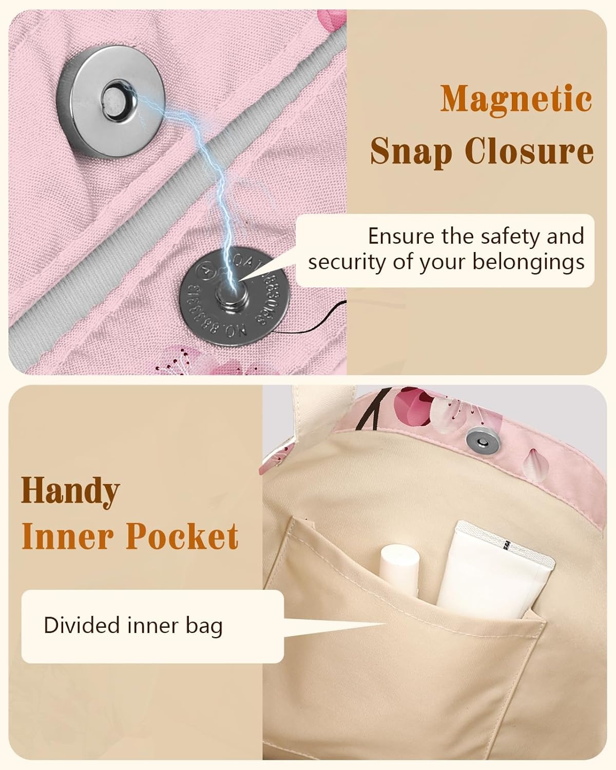 image:imageMiss Adola Cloth Tote Bag for Women Reusable Tote with Pocket amp Buckle Cute Retro Design Ladies Cotton Printed Shoulder BagPeach Blossom