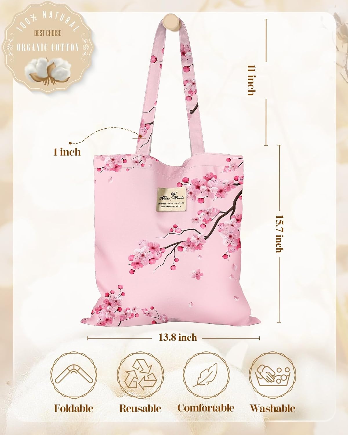 image:imageMiss Adola Cloth Tote Bag for Women Reusable Tote with Pocket amp Buckle Cute Retro Design Ladies Cotton Printed Shoulder BagPeach Blossom
