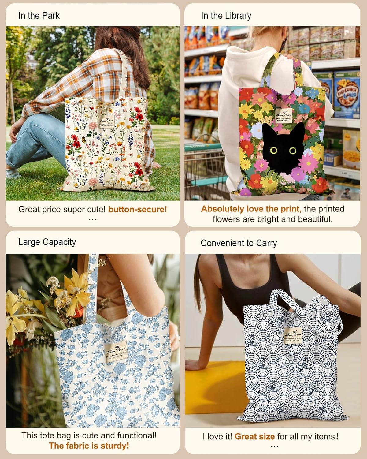 image:imageMiss Adola Cloth Tote Bag for Women Reusable Tote with Pocket amp Buckle Cute Retro Design Ladies Cotton Printed Shoulder BagYellow Bee