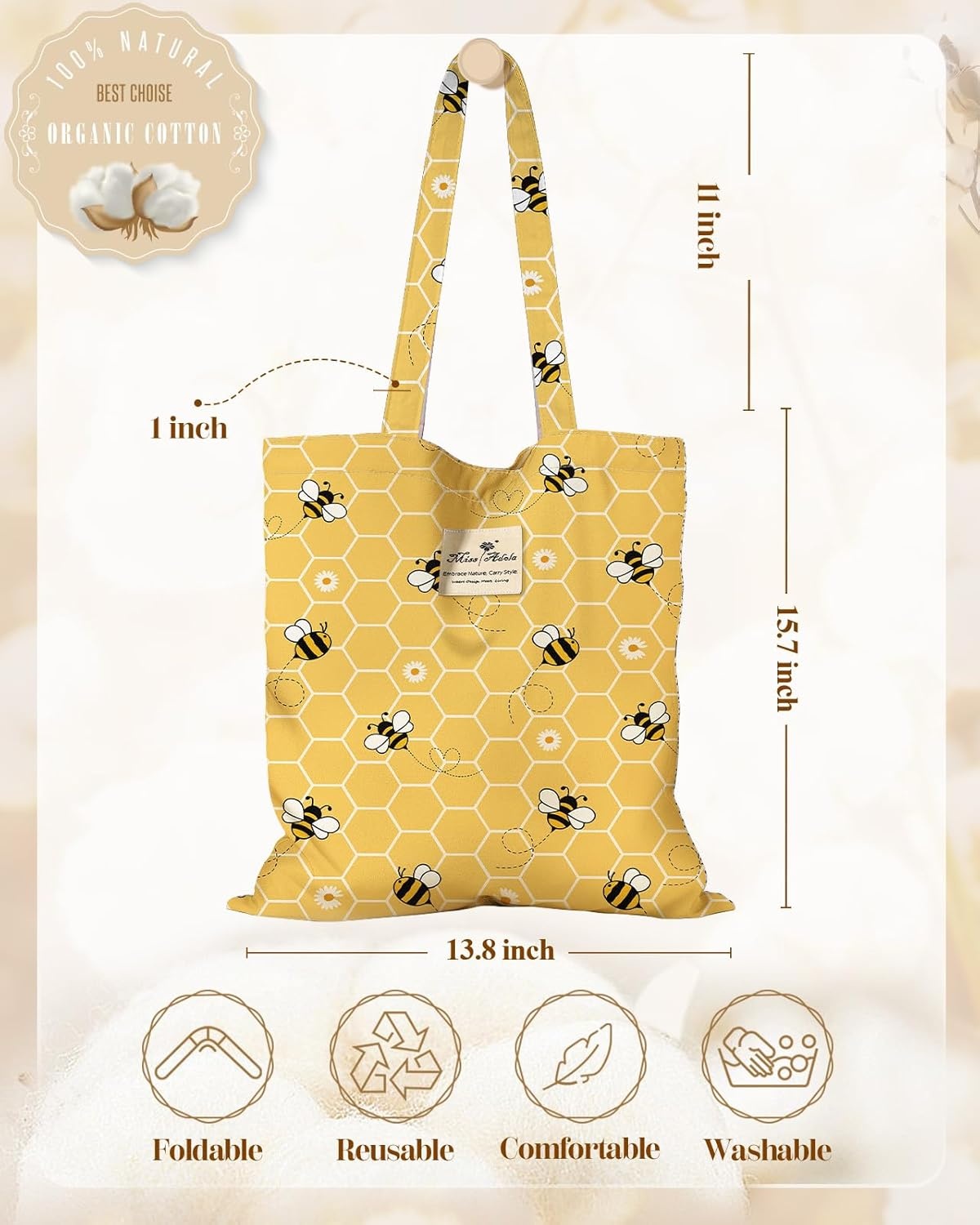 image:imageMiss Adola Cloth Tote Bag for Women Reusable Tote with Pocket amp Buckle Cute Retro Design Ladies Cotton Printed Shoulder BagYellow Bee