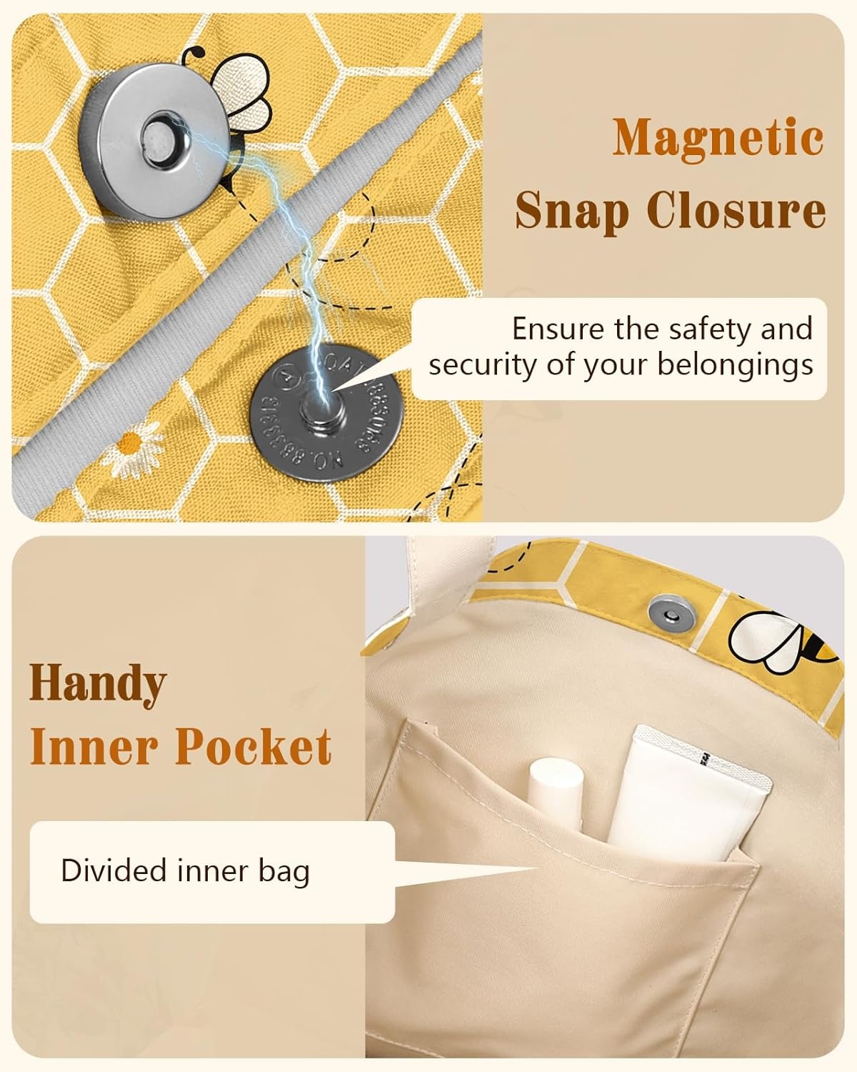 image:imageMiss Adola Cloth Tote Bag for Women Reusable Tote with Pocket amp Buckle Cute Retro Design Ladies Cotton Printed Shoulder BagYellow Bee