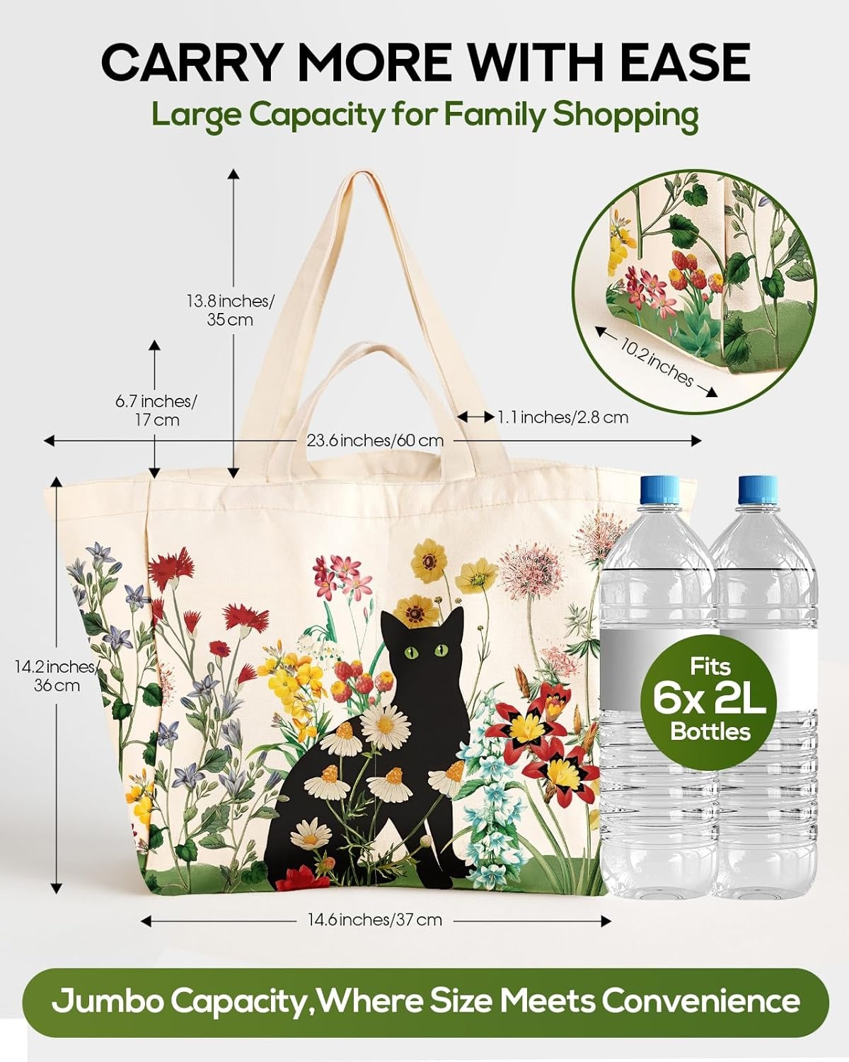 image:imageMiss Adola Large Canvas Grocery Tote Bag Reusable Extra Large Shopping Shoulder Bags with 6 Inner Pockets amp 2 Handle StrapBlack Cat