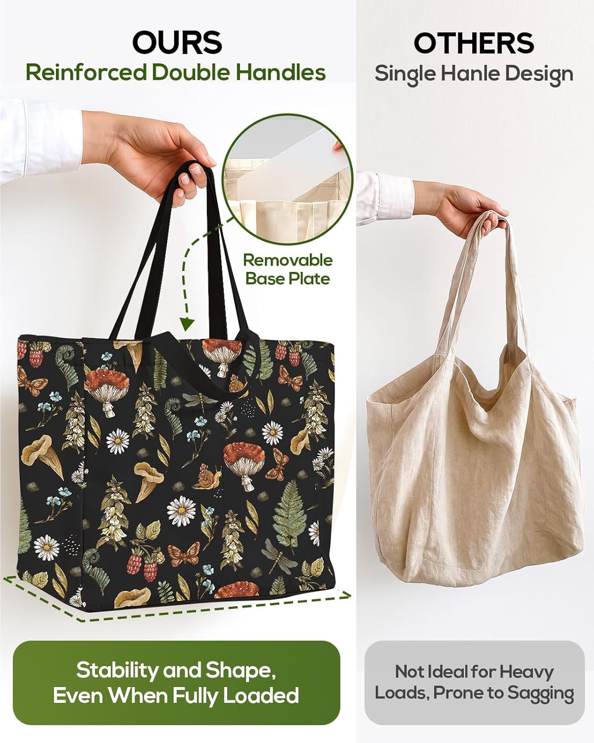 image:imageMiss Adola Large Canvas Grocery Tote Bag Reusable Extra Large Shopping Shoulder Bags with 6 Inner Pockets amp 2 Handle StrapBlack Mushroom