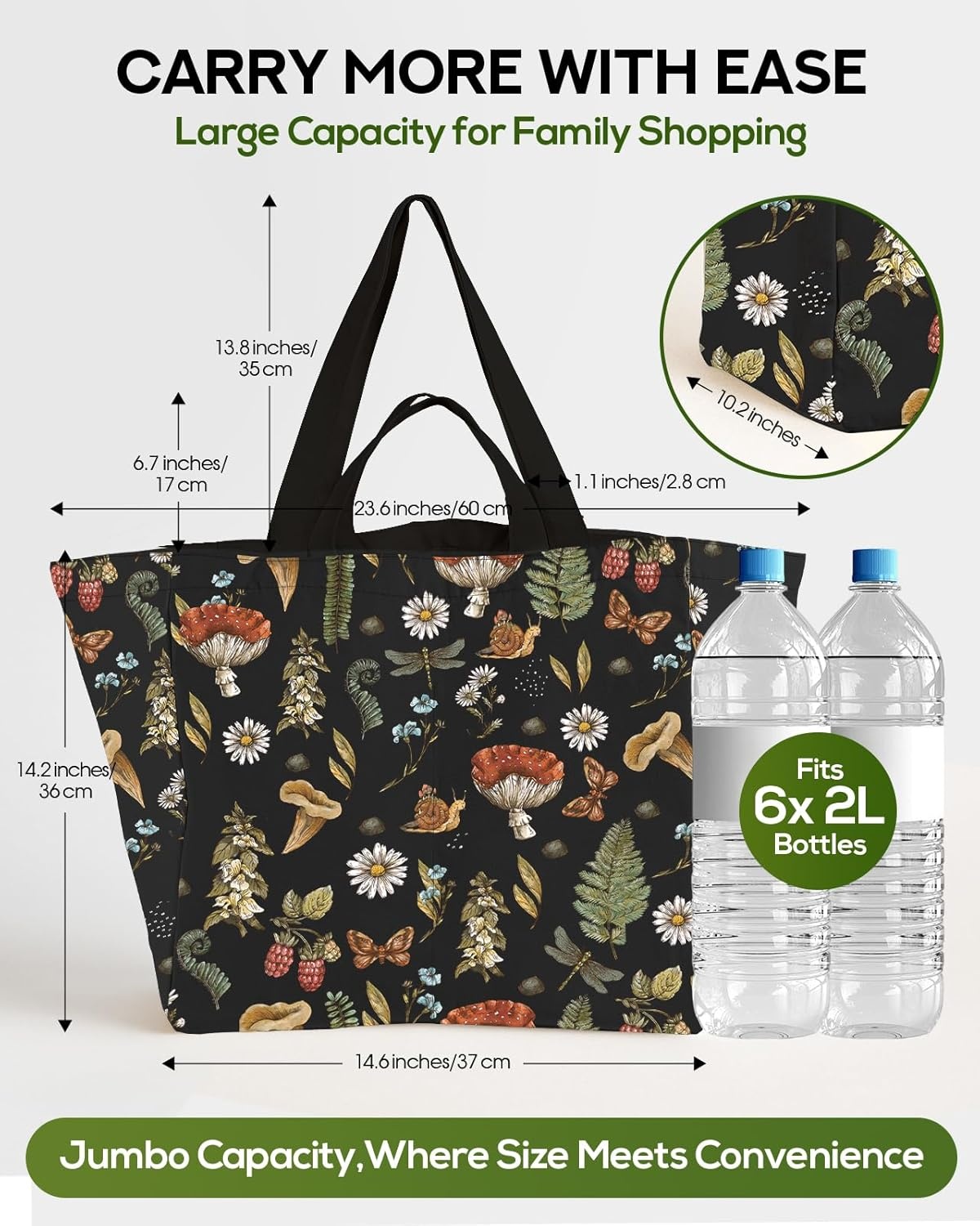 image:imageMiss Adola Large Canvas Grocery Tote Bag Reusable Extra Large Shopping Shoulder Bags with 6 Inner Pockets amp 2 Handle StrapBlack Mushroom