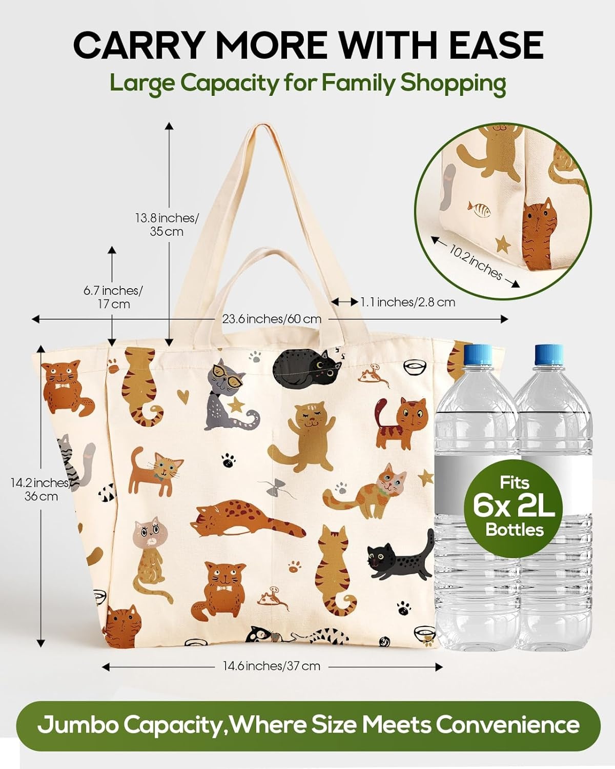 image:imageMiss Adola Large Canvas Grocery Tote Bag Reusable Extra Large Shopping Shoulder Bags with 6 Inner Pockets amp 2 Handle StrapCats