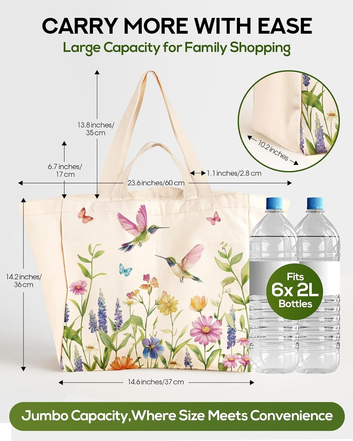 image:imageMiss Adola Large Canvas Grocery Tote Bag Reusable Extra Large Shopping Shoulder Bags with 6 Inner Pockets amp 2 Handle StrapFlower Hummingbird