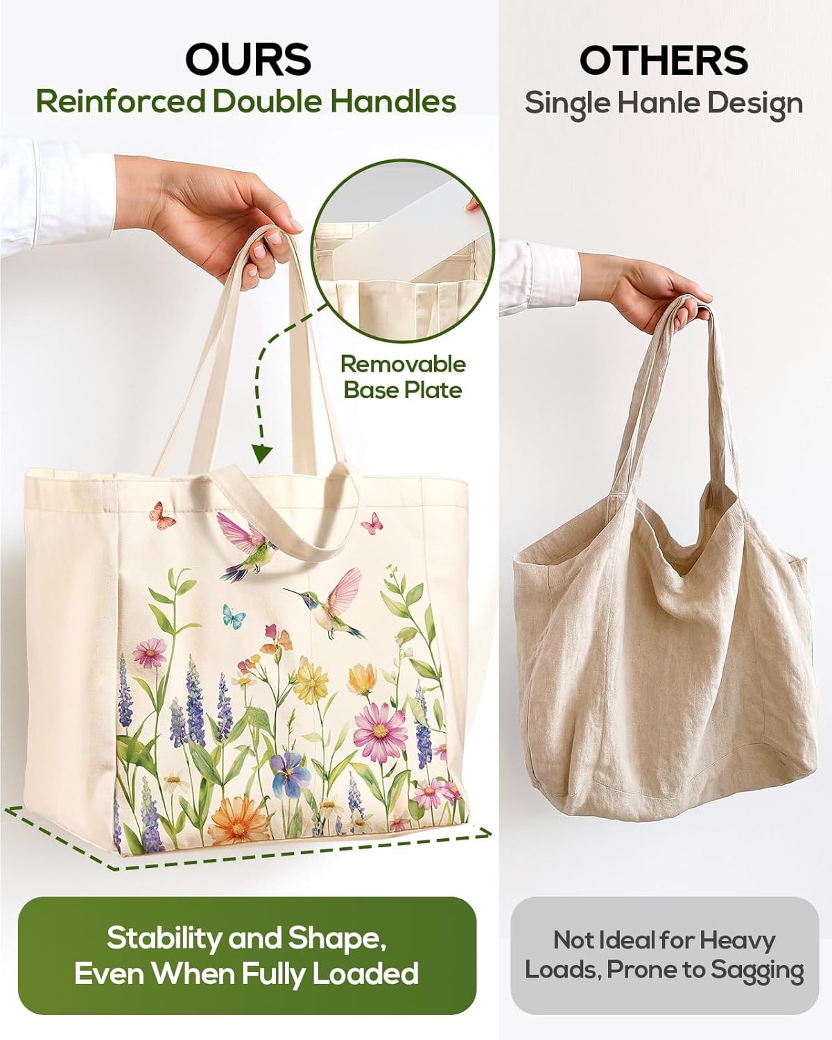 image:imageMiss Adola Large Canvas Grocery Tote Bag Reusable Extra Large Shopping Shoulder Bags with 6 Inner Pockets amp 2 Handle StrapFlower Hummingbird