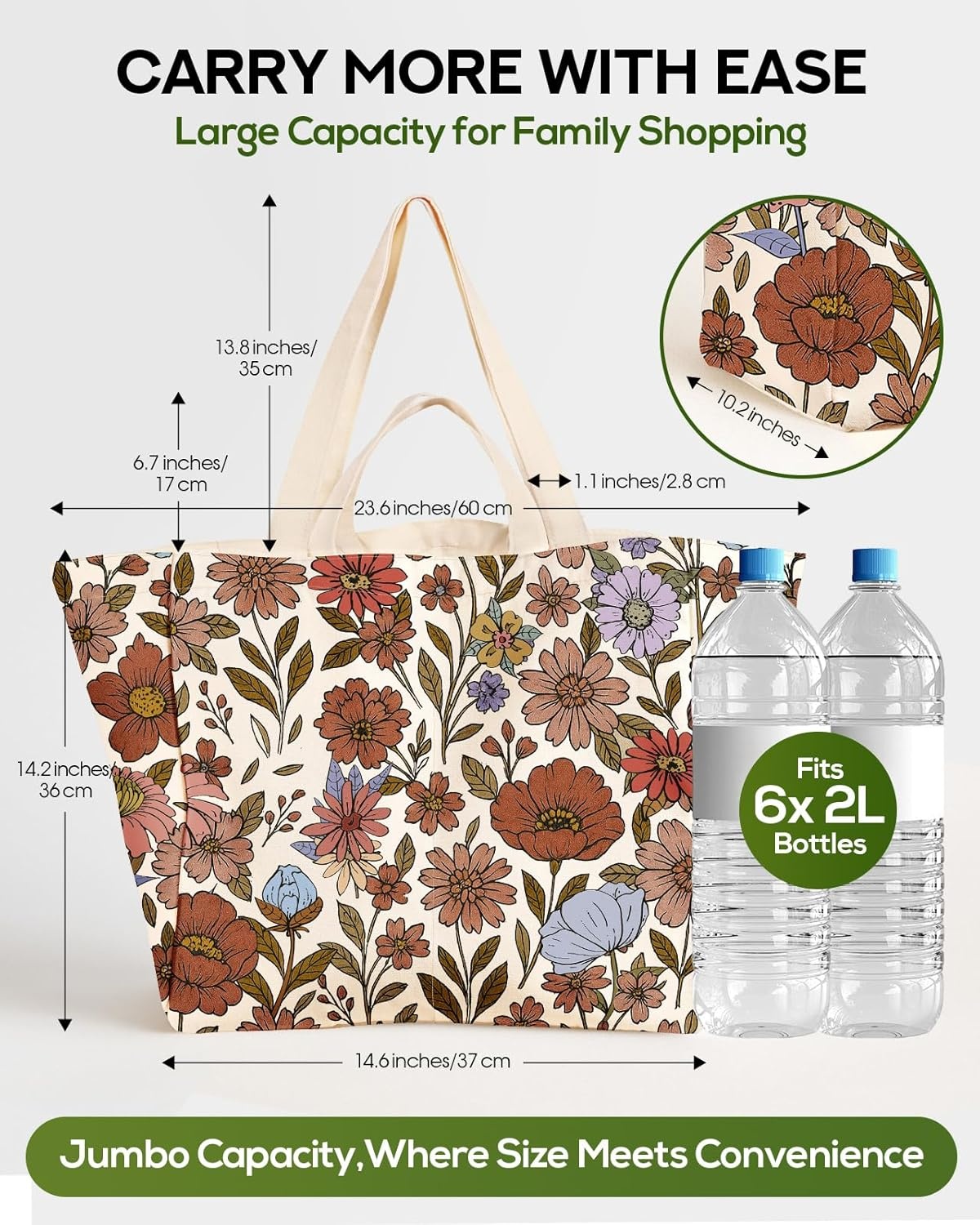 image:imageMiss Adola Large Canvas Grocery Tote Bag Reusable Extra Large Shopping Shoulder Bags with 6 Inner Pockets amp 2 Handle StrapOrange Floral