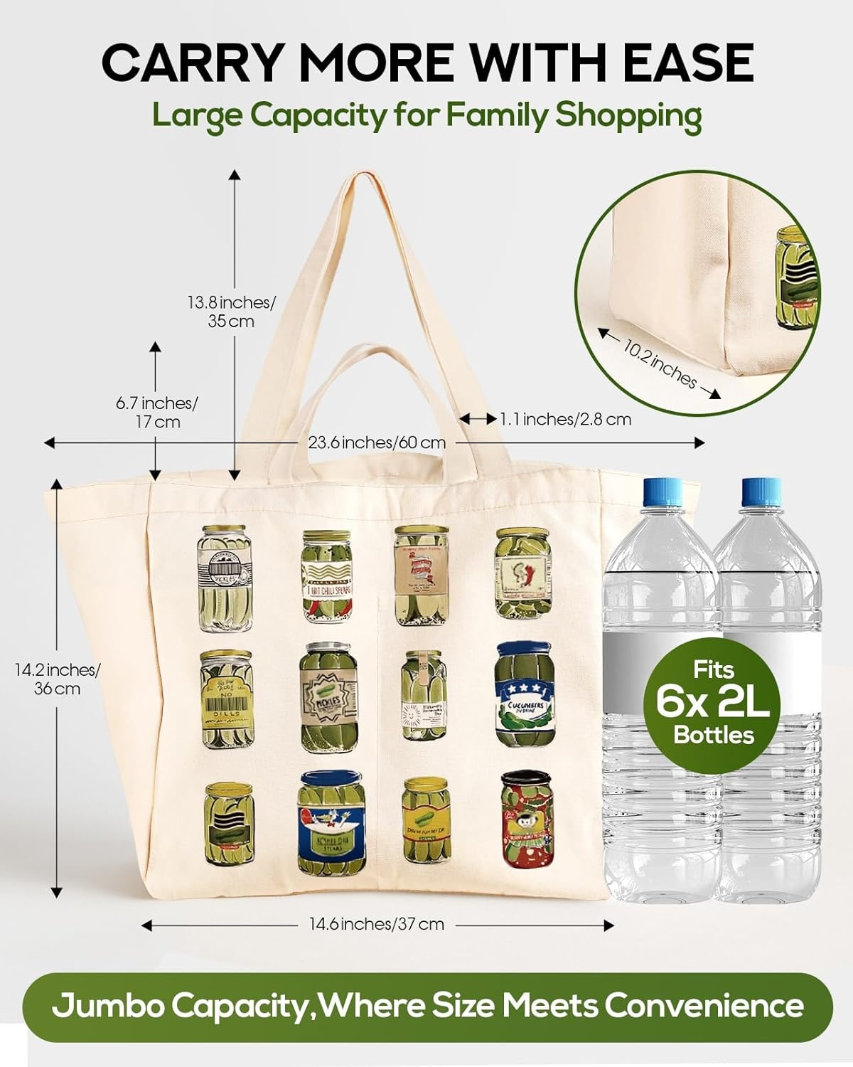 image:imageMiss Adola Large Canvas Grocery Tote Bag Reusable Extra Large Shopping Shoulder Bags with 6 Inner Pockets amp 2 Handle StrapPickle Jar