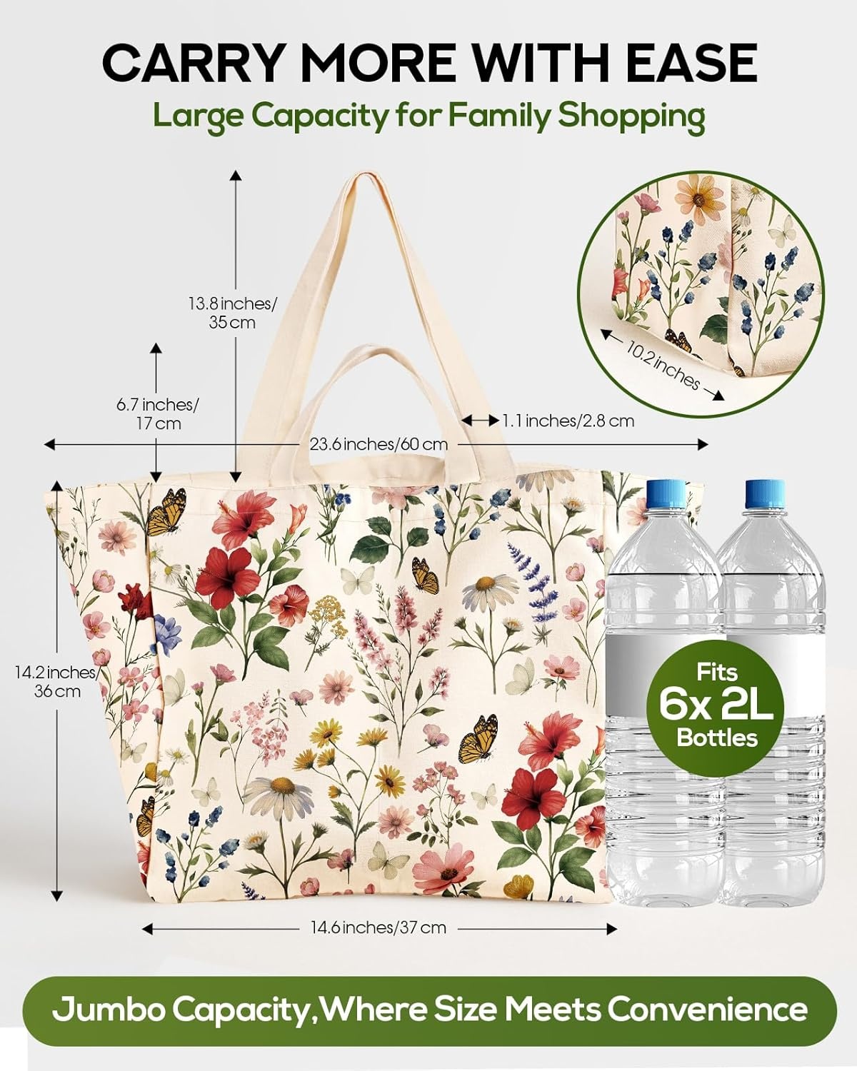 image:imageMiss Adola Large Canvas Grocery Tote Bag Reusable Extra Large Shopping Shoulder Bags with 6 Inner Pockets amp 2 Handle StrapVintage Flower