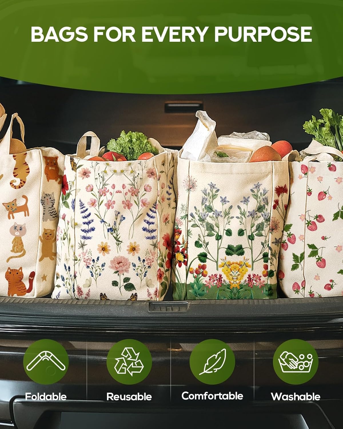 image:imageMiss Adola Large Canvas Grocery Tote Bag Reusable Extra Large Shopping Shoulder Bags with 6 Inner Pockets amp 2 Handle StrapVintage Flower