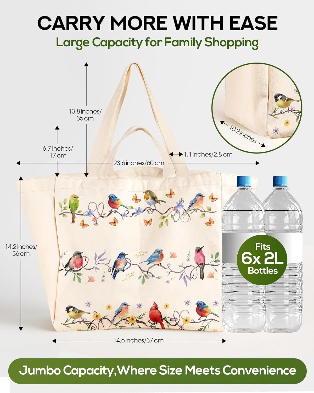 image:imageMiss Adola Large Canvas Grocery Tote Bag Reusable Extra Large Shopping Shoulder Bags with 6 Inner Pockets amp 2 Handle StrapWatercolor Bird