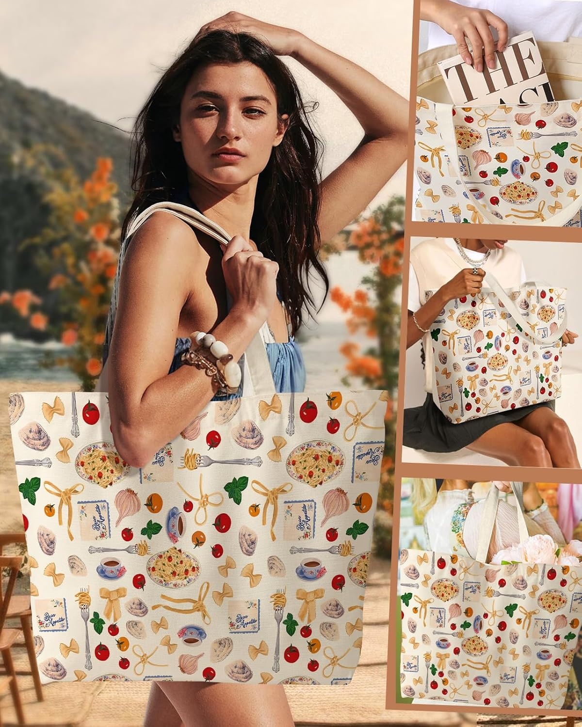 image:imageMiss Adola Large Tote Bag for Women Canvas Tote Bag with Zipper Aesthetic Reusable Shoulder Bag for Gym Travel WorkAfternoon Tea