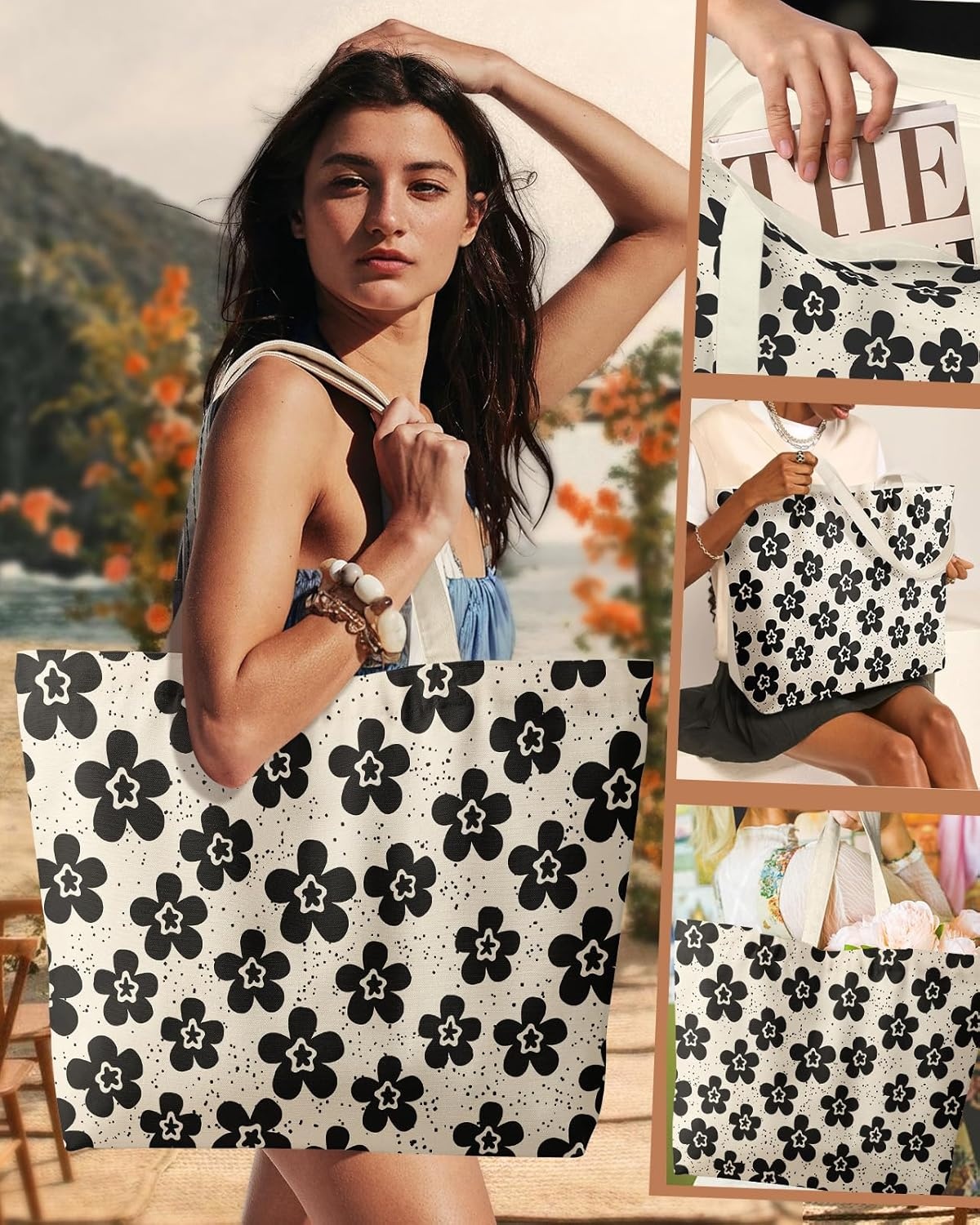 image:imageMiss Adola Large Tote Bag for Women Canvas Tote Bag with Zipper Aesthetic Reusable Shoulder Bag for Gym Travel WorkBk Spot Flower