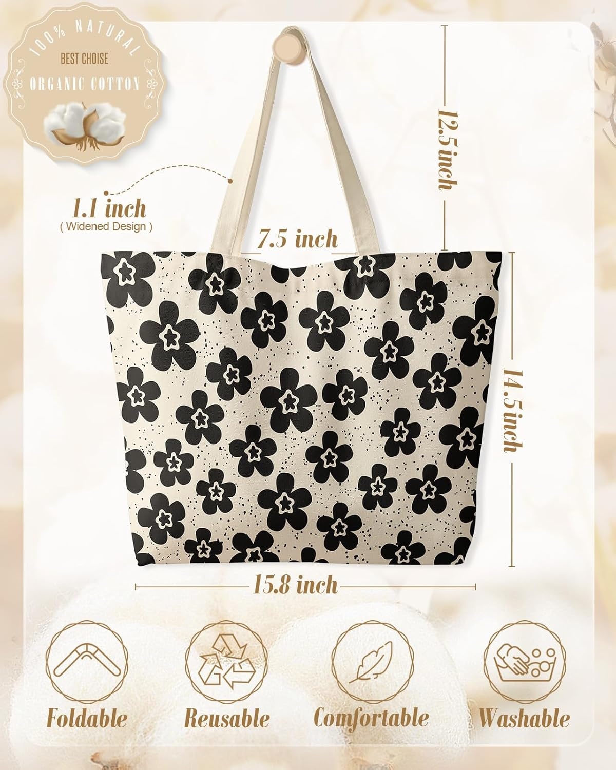 image:imageMiss Adola Large Tote Bag for Women Canvas Tote Bag with Zipper Aesthetic Reusable Shoulder Bag for Gym Travel WorkBk Spot Flower
