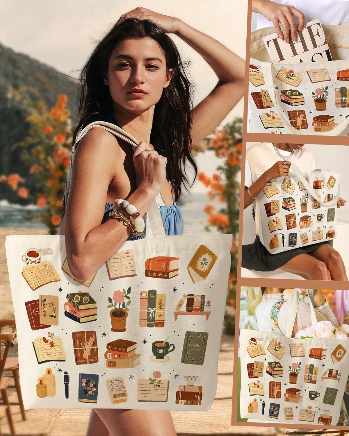 image:imageMiss Adola Large Tote Bag for Women Canvas Tote Bag with Zipper Aesthetic Reusable Shoulder Bag for Gym Travel WorkBook Coffee