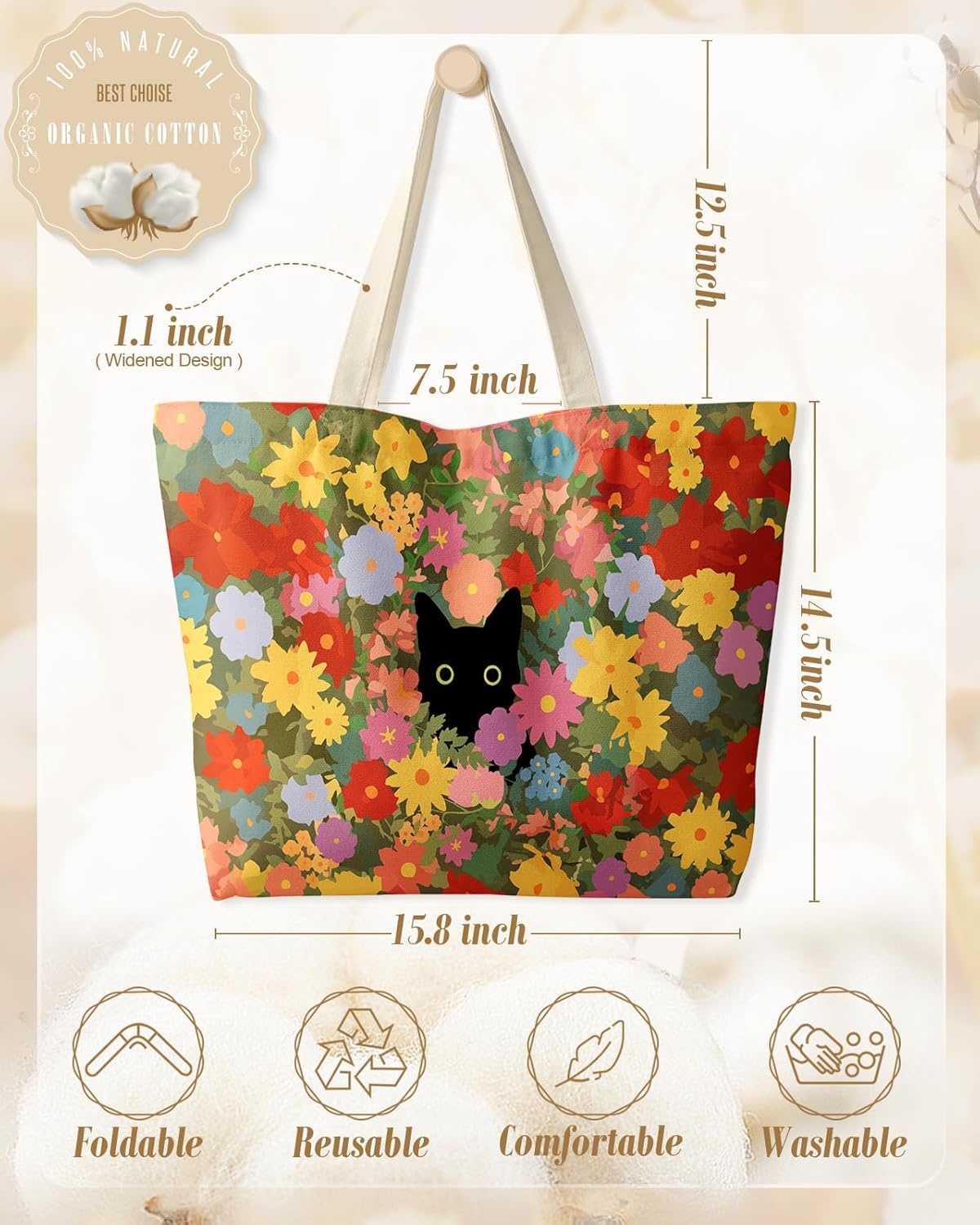 image:imageMiss Adola Large Tote Bag for Women Canvas Tote Bag with Zipper Aesthetic Reusable Shoulder Bag for Gym Travel WorkCat in Flower