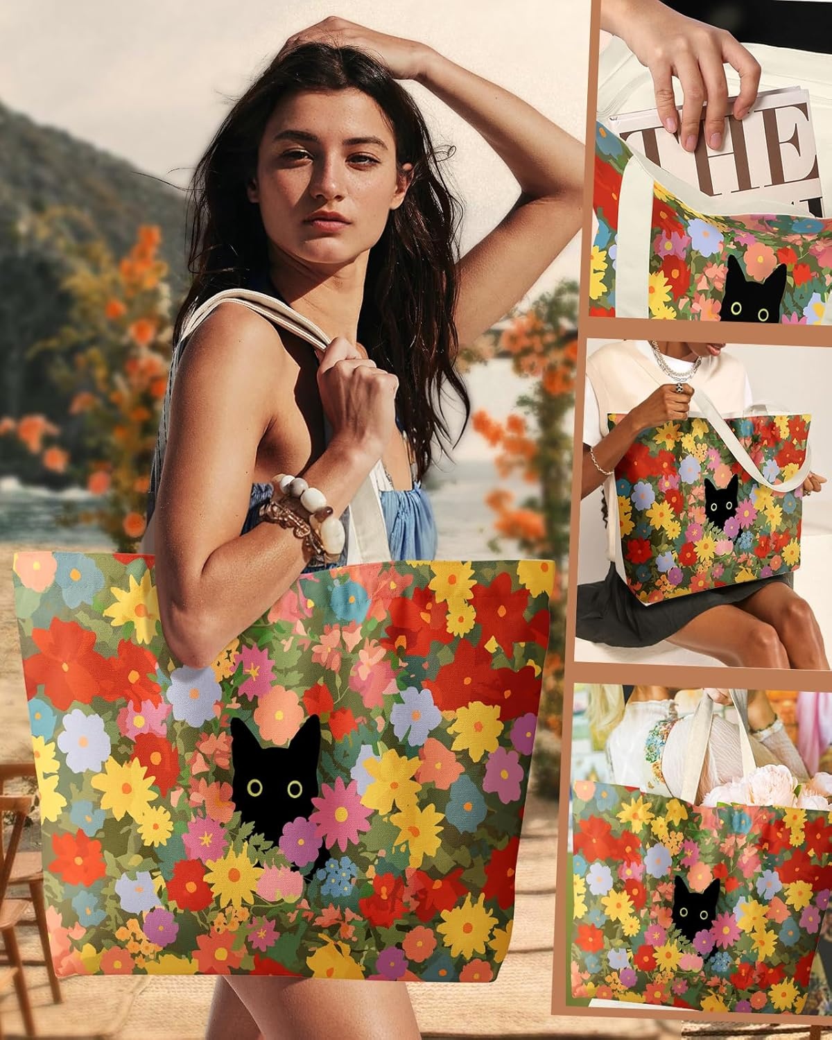 image:imageMiss Adola Large Tote Bag for Women Canvas Tote Bag with Zipper Aesthetic Reusable Shoulder Bag for Gym Travel WorkCat in Flower
